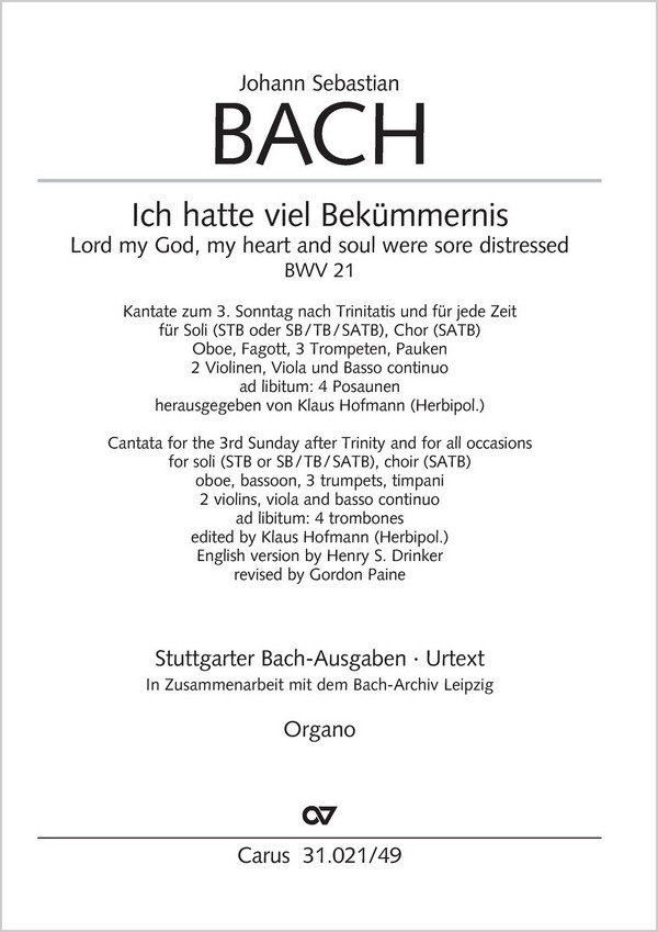 Ich hatte viel Bekümmernis&nbsp;&nbsp;Kantate Nr.21 BWV21&nbsp;&nbsp;Orgelstimme