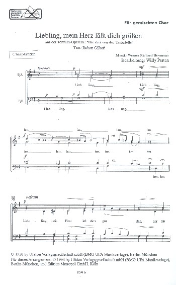 Liebling mein Herz lässt dich grüssen  für gem Chor a cappella  Partitur