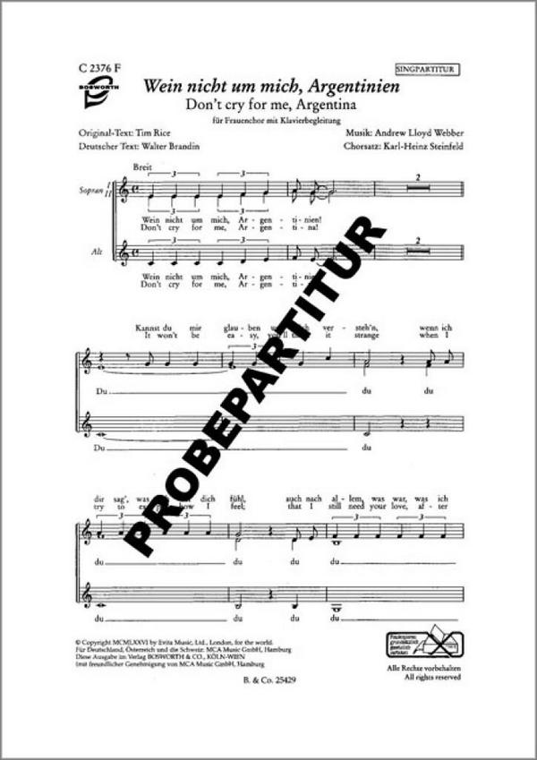 Wein nicht um mich Argentinien&nbsp;&nbsp;für Frauenchor und Klavier&nbsp;&nbsp;Chorpartitur