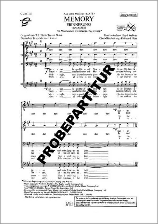 Memory aus 'Cats'&nbsp;&nbsp;für Männerchor und Klavier&nbsp;&nbsp;Chorpartitur (DT/EN)