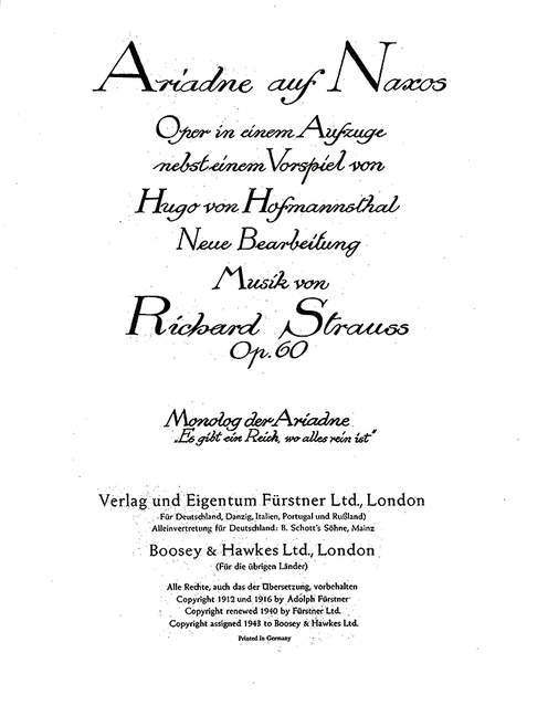 Es gibt ein Reich wo alles rein ist aus 'Ariadne auf Naxos'&nbsp;&nbsp;für Gesang und Klavier&nbsp;&nbsp;