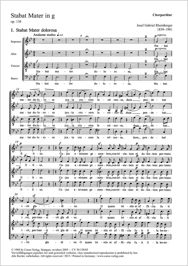 Stabat Mater g-Moll&nbsp;&nbsp;für Chor, Streicher und Orgel&nbsp;&nbsp;Chorpartitur