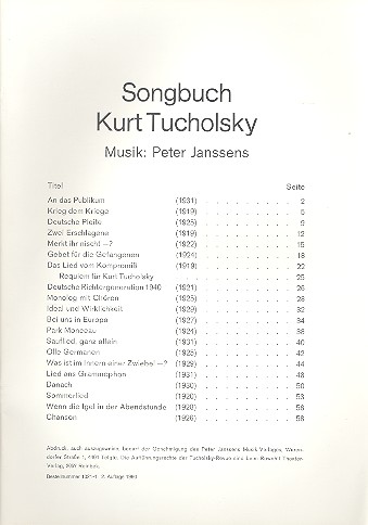 Songbuch Kurt Tucholsky  für Gesang und Klavier  