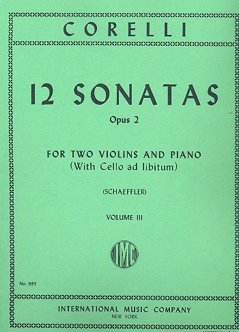 12 Sonatas op.2 Vol.3 (Nos.9-12)  for 2 violins and piano (cello ad lib)  