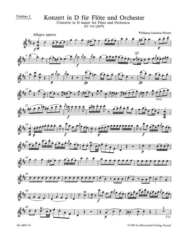 Konzert D-Dur KV314&nbsp;&nbsp;für Flöte und Orchester&nbsp;&nbsp;Violine 1