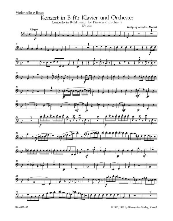 KONZERT IN B-DUR FUER KLAVIER UND&nbsp;&nbsp;ORCHESTER, KV 595, URTEXT, CELLO/KB&nbsp;&nbsp;VIOLONCELLO/KB