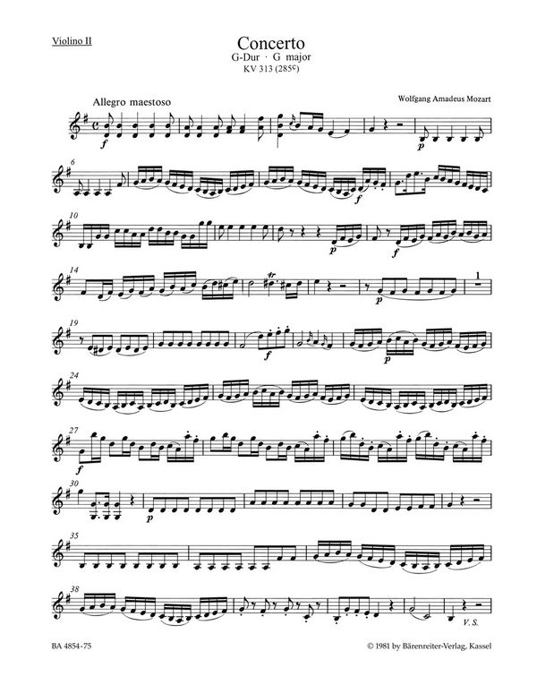 Konzert G-Dur KV313&nbsp;&nbsp;für Flöte und Orchester&nbsp;&nbsp;Violine 2