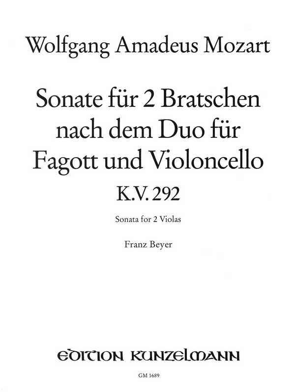 Sonate KV292 nach dem Duo für Fagott und Violoncello&nbsp;&nbsp;für 2 Violen&nbsp;&nbsp;Stimmen