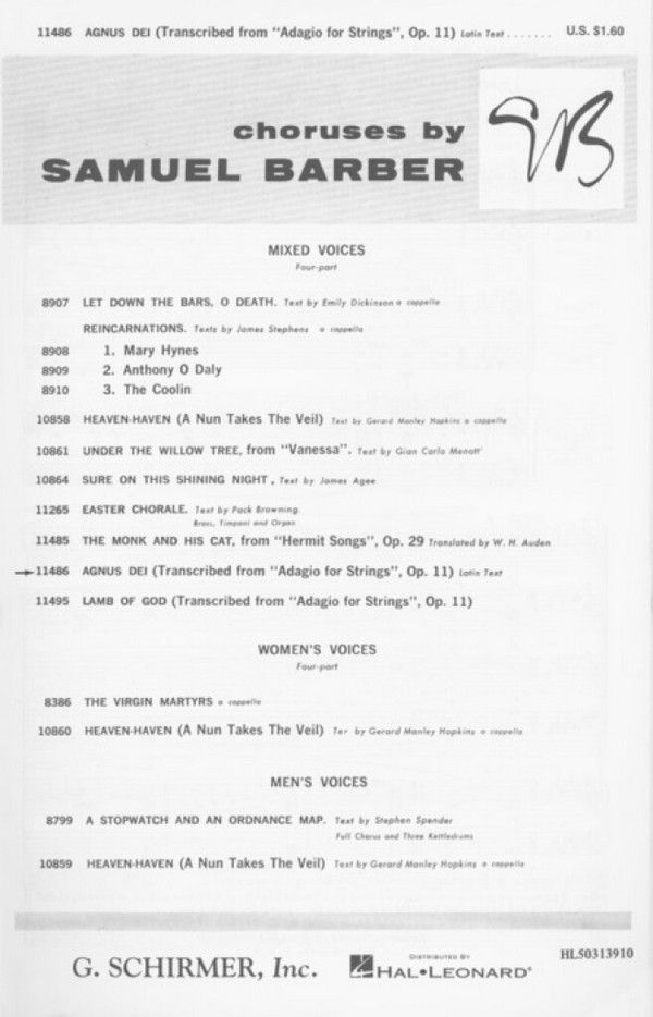 Agnus Dei  for mixed chorus and organ (a cappella)  score