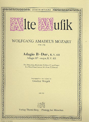 Adagio B-Dur KV411  für Flöte, Oboe, Klarinette, Horn in F und Fagott  Stimmen