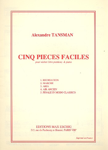 5 pièces faciles pour violon  (1ère position) et piano  