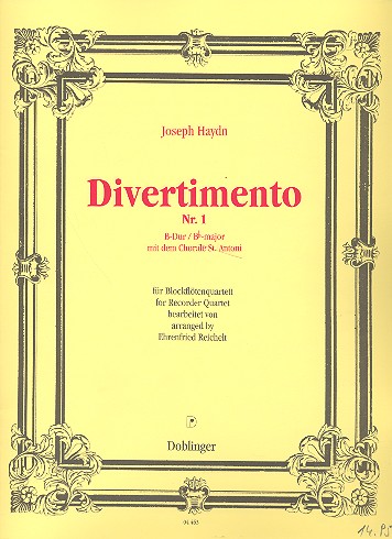 Divertimento B-Dur Nr.1 für  4 Blockflöten (SATB)  Partitur und Stimmen