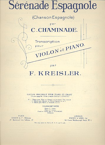 Sérenade Espagnole&nbsp;&nbsp;pour violon et piano&nbsp;&nbsp;