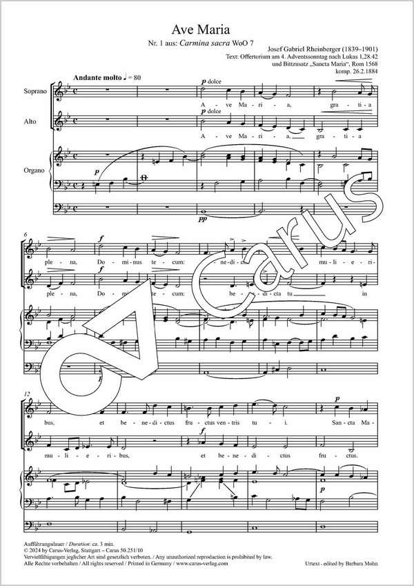 Ave Maria B-Dur WoO7,1 für gem Chor&nbsp;&nbsp;und Orgel&nbsp;&nbsp;Singpartitur