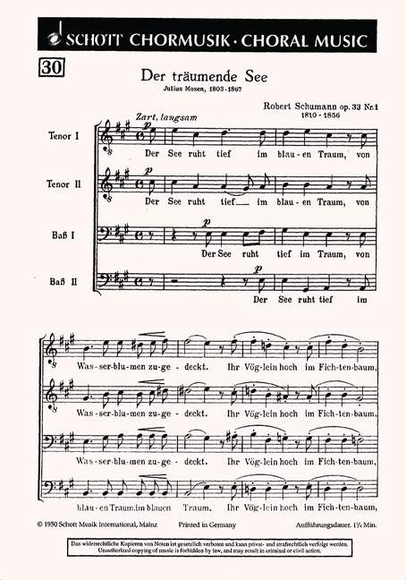 Der träumende See op. 33/1&nbsp;&nbsp;für Männerchor (TTBB)&nbsp;&nbsp;Chorpartitur