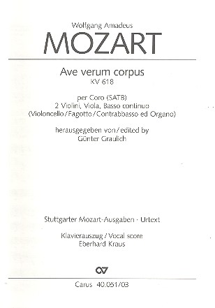 Ave verum corpus KV618&nbsp;&nbsp;für gem Chor und Orchester&nbsp;&nbsp;Klavierauszug (Orgelauszug)