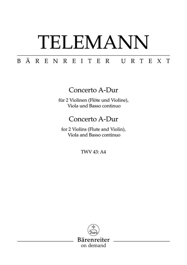 Concerto A-Dur TWV43:A4 für&nbsp;&nbsp;2 Violinen (Violine/Flöte), Viola und Bc&nbsp;&nbsp;Stimmen,  Verlagskopie