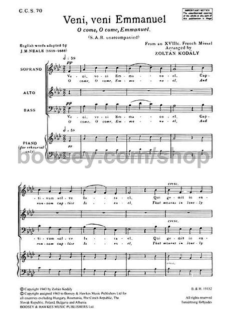 Veni veni Emmanuel&nbsp;&nbsp;for mixed chorus (SAB) a cappella&nbsp;&nbsp;score with piano for rehearsal (la/en)