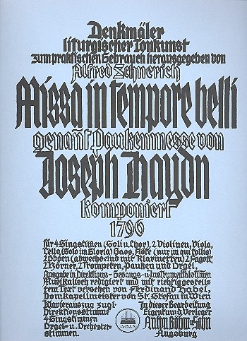Missa in tempore belli Hob.XXII:9 (Paukenmesse)&nbsp;&nbsp;für Soli, Chor, Orgel und Orchester&nbsp;&nbsp;Orgelauszug (= Partitur)