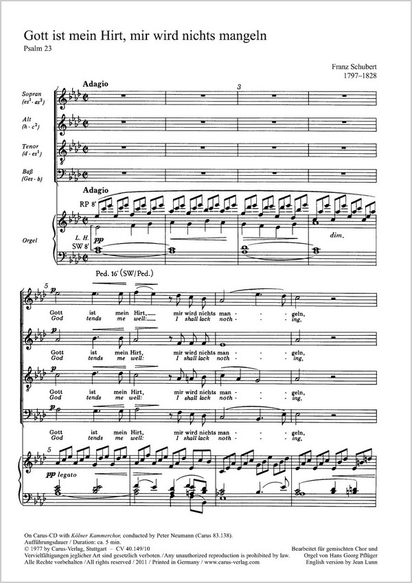 Gott ist mein Hirt, mir wird nichts&nbsp;&nbsp;mangeln für SATB Chor und Orgel&nbsp;&nbsp;Partitur