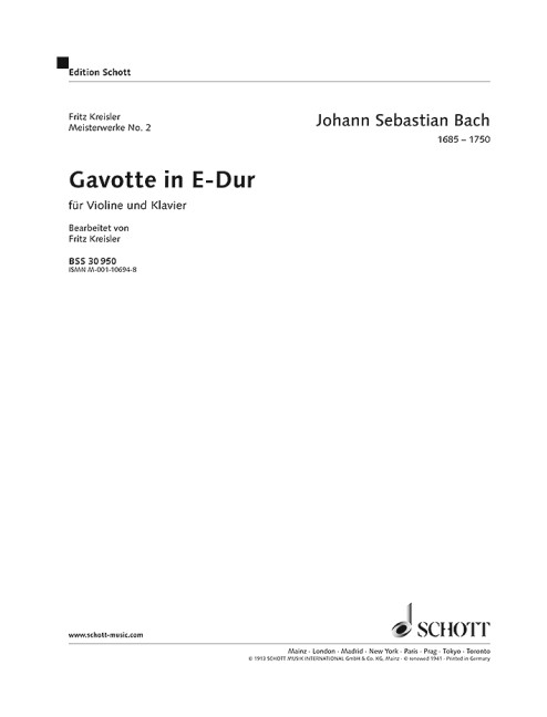 Gavotte E-Dur BWV 1006 Nr. 2&nbsp;&nbsp;für Violine und Klavier&nbsp;&nbsp;