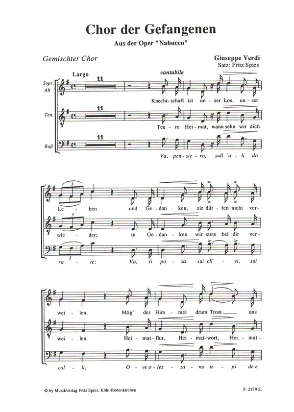 Chor der Gefangenen aus Nabucco  für gem Chor und Klavier  Chorpartitur (dt/it)