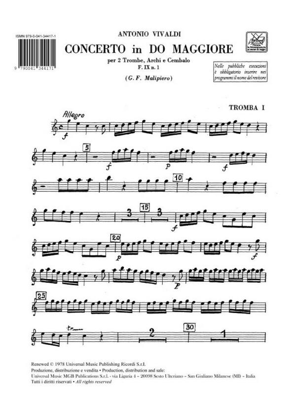 Concerto do maggiore F9,1 RV537&nbsp;&nbsp;per 2 trombe, archi e cembalo&nbsp;&nbsp;Stimmensatz