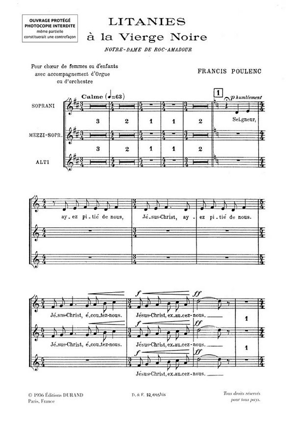 Litanies à la Vierge Noire Notre-Dame&nbsp;&nbsp;de Roc-Amadour pour choeur de femmes&nbsp;&nbsp;ou d'enfants et orgue,  partition de choeur