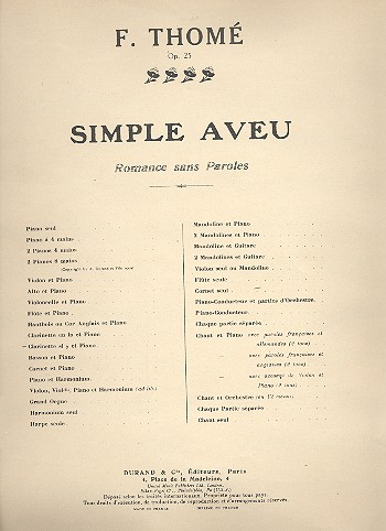 Simple aveu Romance sans paroles&nbsp;&nbsp;pour clarinette et piano&nbsp;&nbsp;