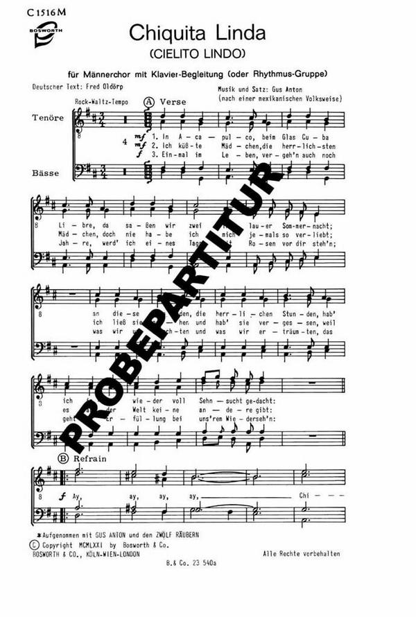 CHIQUITA LINDA  für Männerchor mit Klavierbegleitung (oder Rhythmusgruppe)  Chorpartitur