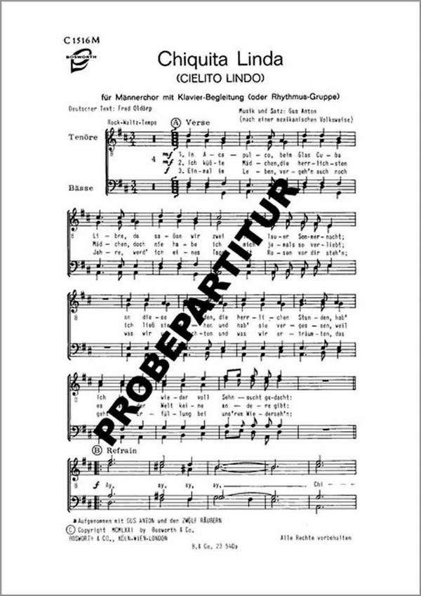 CHIQUITA LINDA  für Männerchor mit Klavier (oder Rhythmusgruppe)  Klavierpartitur