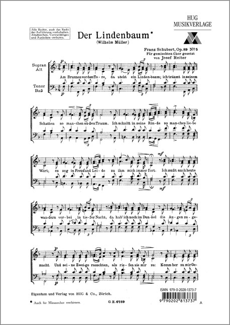 DER LINDENBAUM OP.89,5 FUER GEM&nbsp;&nbsp;CHOR A CAPPELLA   PARTITUR&nbsp;&nbsp;REITER, JOSEF, CHORSATZ