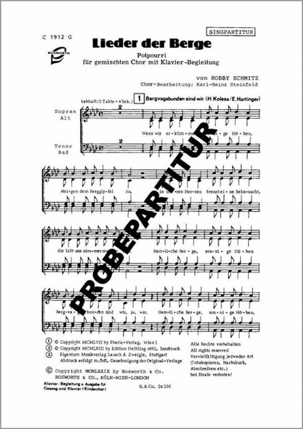 LIEDER DER BERGE POTPOURRI für&nbsp;&nbsp;SATB Chor und Klavier&nbsp;&nbsp;Chorpartitur (dt)