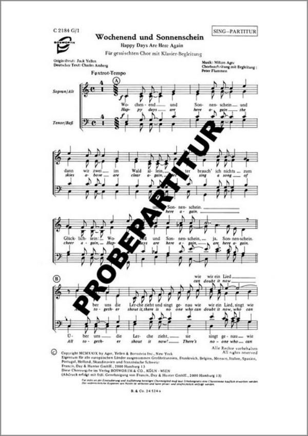 Wochenend und Sonnenschein&nbsp;&nbsp;für gem Chor und Klavier&nbsp;&nbsp;Klavierpartitur