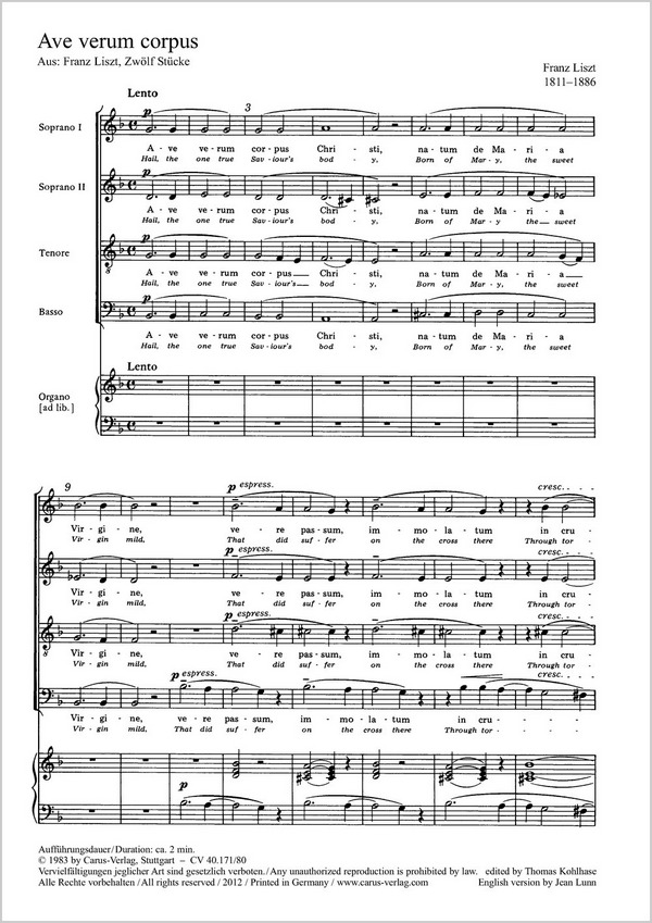 AVE VERUM CORPUS AUS  ZWOELF STUECKE (FUER SSTB CHOR UND  ORGEL AD LIB.)  PARTITUR (LA/EN)