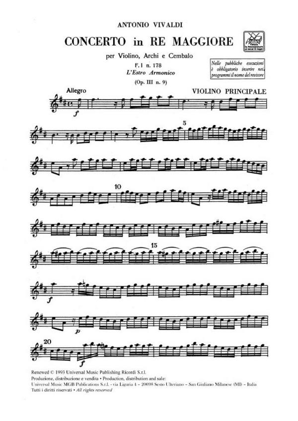 CONCERTO RE MAGGIORE OP.3,9 PER&nbsp;&nbsp;VIOLINO, ARCHI E BC,  STIMMENSATZ&nbsp;&nbsp;(3-3-2-2-1, SOLO, CEMB)