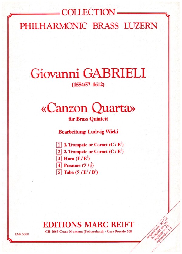 Canzon quarta  für Brassquintett  Partitur und Stimmen