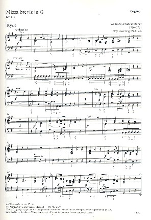 Missa brevis G-Dur KV140&nbsp;&nbsp;für Soli (SATB), Chor und&nbsp;&nbsp;Orchester,  Orgelstimme