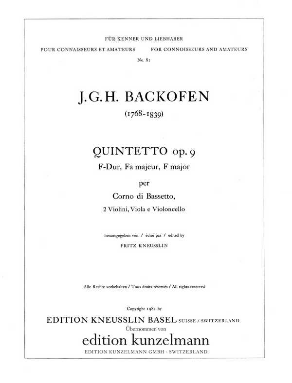 Quintett F-Dur op.9&nbsp;&nbsp;für Bassetthorn und Strichquartett&nbsp;&nbsp;Stimmen