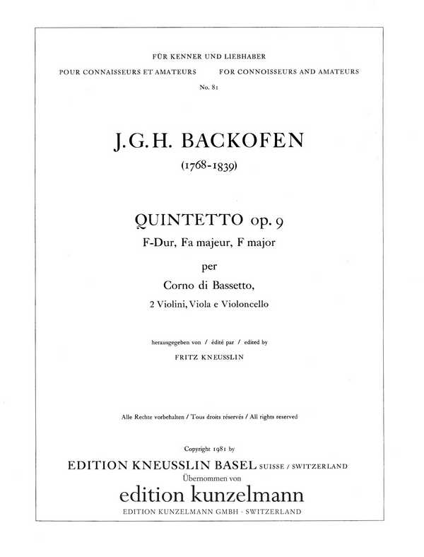 Quintett F-Dur op.9  für Bassetthorn und Strichquartett  Stimmen