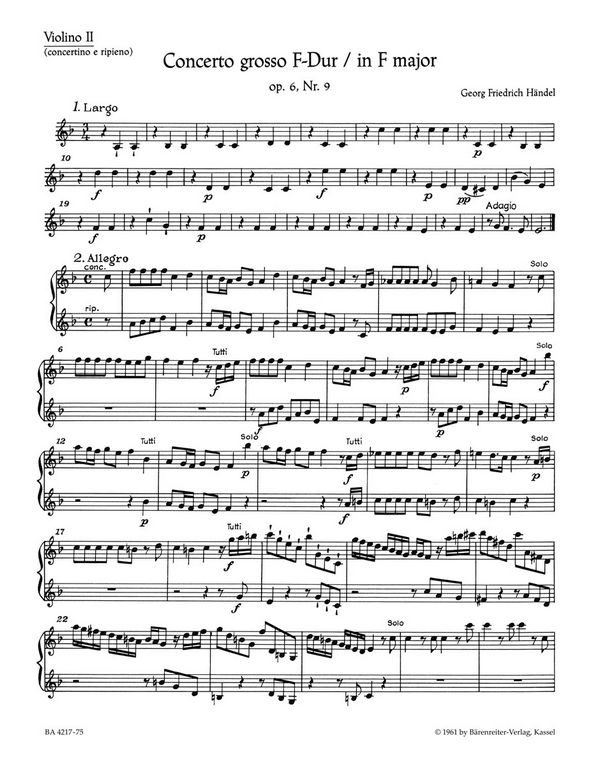 Concerto grosso F-Dur op.6,9&nbsp;&nbsp;HWV327 für Orchester&nbsp;&nbsp;Violine 2