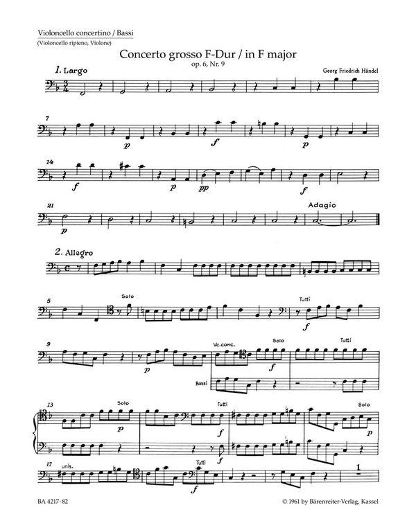 Concerto grosso F-Dur op.6,9&nbsp;&nbsp;HWV327 für Orchester&nbsp;&nbsp;Cello/Bass