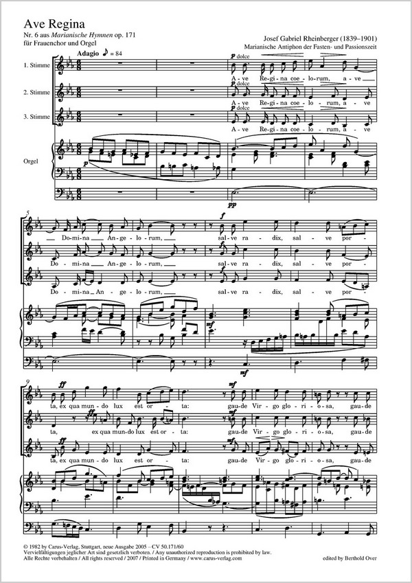 Ave Regina op.171,6 für&nbsp;&nbsp;Frauenchor und Orgel&nbsp;&nbsp;6 marianische Gesänge Nr.6