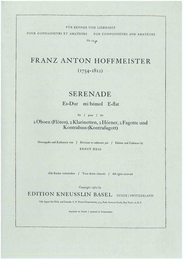 Serenade Es-Dur&nbsp;&nbsp;für 2 Oboen (Flöten), 2 Klarinetten, 2 Hörner, 2 Fagotte und Kontrabas&nbsp;&nbsp;Partitur