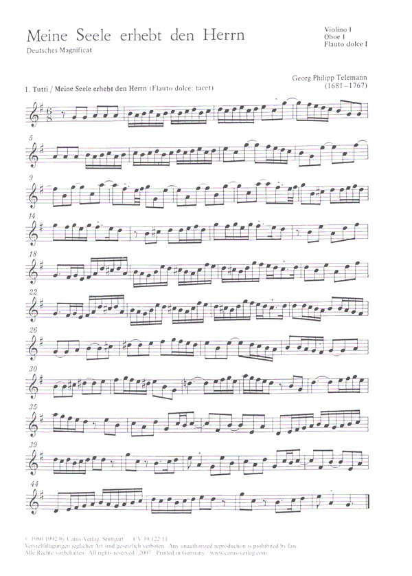 Meine Seele erhebt den Herrn&nbsp;&nbsp;für Soli (SATB), Chor und Instrumente&nbsp;&nbsp;Violine 1/Oboe 1/Flauto dolce 1