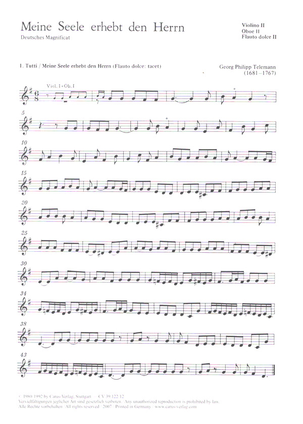 Meine Seele erhebt den Herrn&nbsp;&nbsp;für Soli (SATB), Chor und Instrumente&nbsp;&nbsp;Violine 2/Oboe 2/Flauto dolce 2