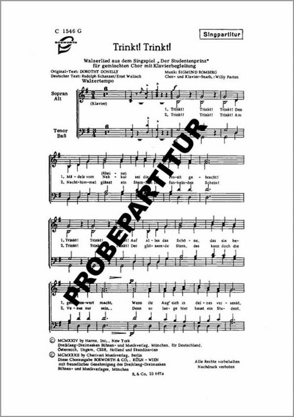 Trinkt trinkt Walzerlied aus Der Studentenprinz&nbsp;&nbsp;für gem Chor und Klavier&nbsp;&nbsp;Klavierpartitur (dt)