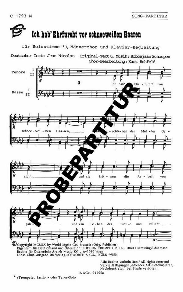 Ich hab Ehrfurcht vor schneeweissen Haaren&nbsp;&nbsp;für Männerchor und Klavier&nbsp;&nbsp;und Klavier