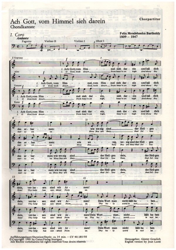 ACH GOTT VOM HIMMEL SIEH DAREIN&nbsp;&nbsp;CHORALKANTATE FUER BAR SOLO, SATB&nbsp;&nbsp;UND ORCHESTER     CHORPARTITUR (DT)