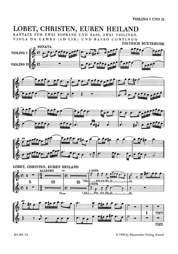 Lobet, Christen, euren Heiland&nbsp;&nbsp;für 2 Soprane und Bass, 2 Violinen, Viola da Gamba ad lib und Bc&nbsp;&nbsp;Violine 1/2